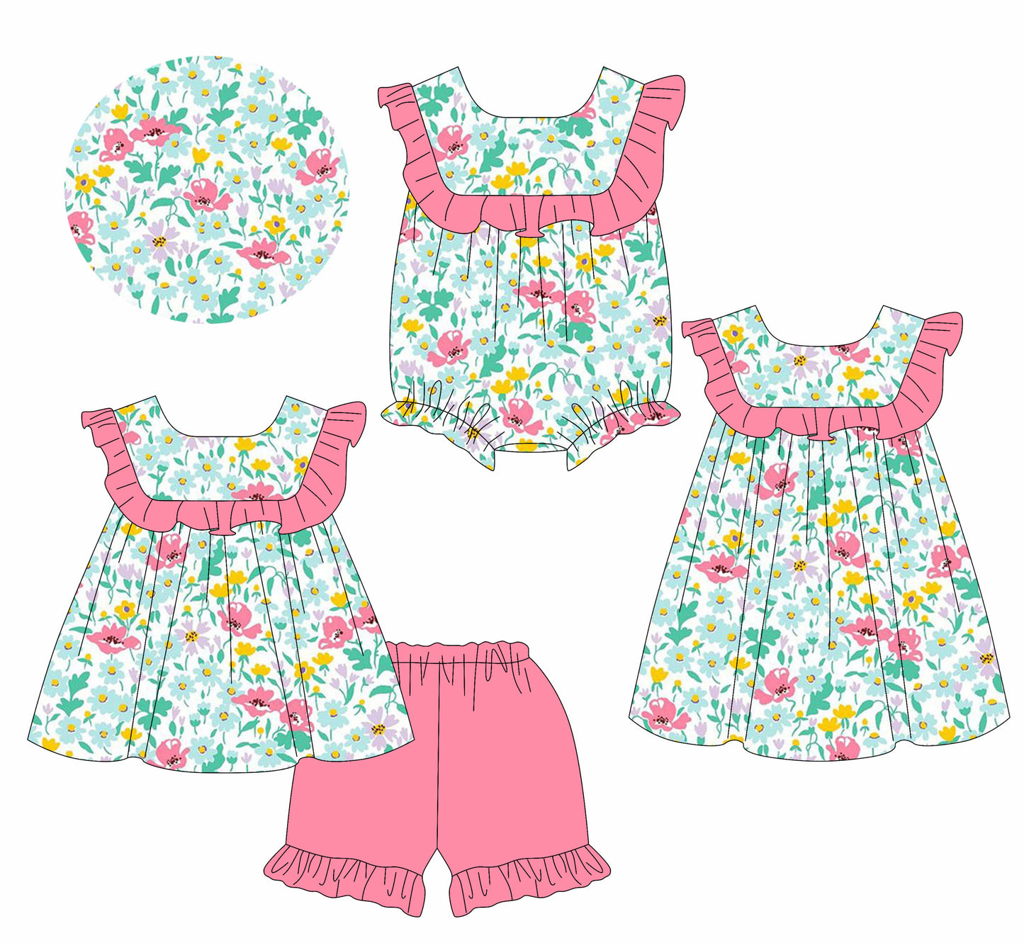 1.13 custom each style moq 5eta 4-6week Sibling Sisters floral baby girl short sleeve shorts sets and dress and rompers match family design