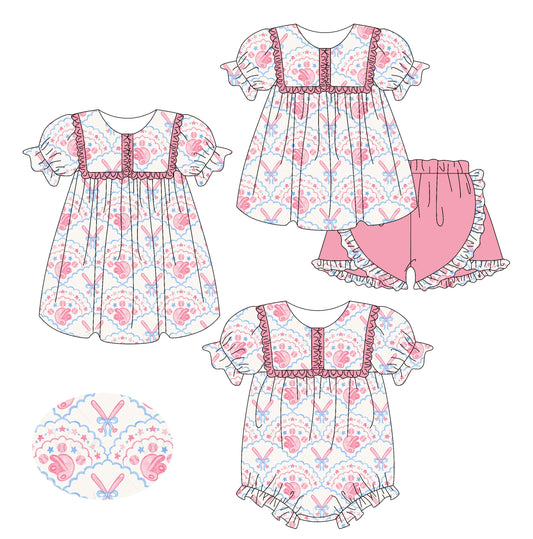 2.14 custom each style moq 5eta 4-6week Sibling Sisters bow baby girl short sleeve shorts sets and dress and rompers match family design