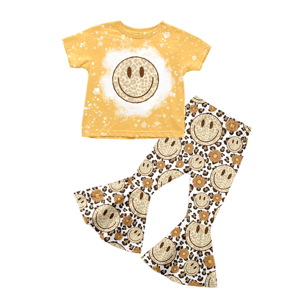 5.7custom each style moq 5eta 4-5week Sibling Sister smiley face prints yellow girls outfits and baby romper match family design