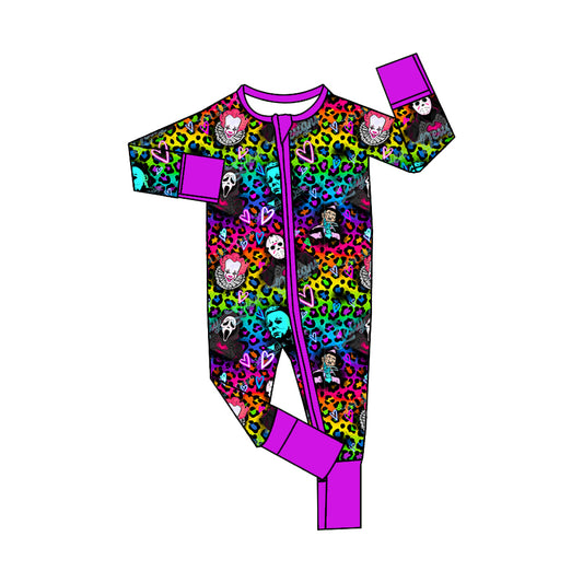 5.2custom each style moq 5eta 4-5week Sibling Sister Halloween cartoon character prints purple girls set and dress and baby romper and backpack match family design