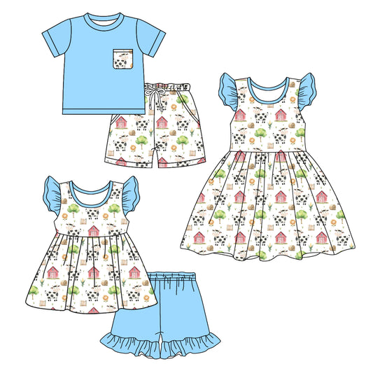 2.12 custom each style moq 5eta 4-6week Sibling Sister farm baby girl short sleeve shorts sets and sets 2 and dress match design