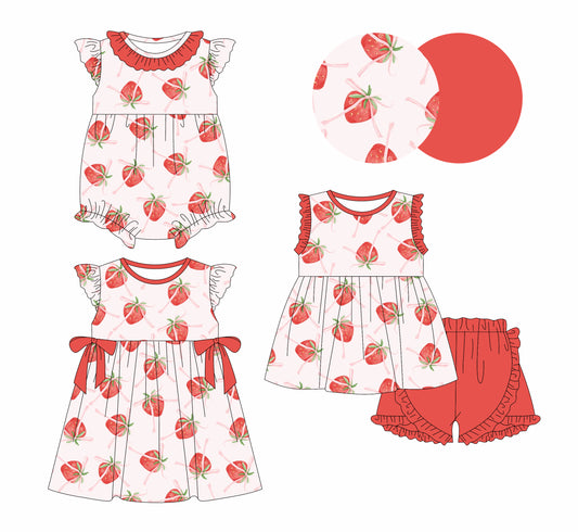 1.6 custom each style moq 5eta 4-6week Sibling Sister strawberry bow baby girl short sleeve shorts sets and dress and rompers match family design