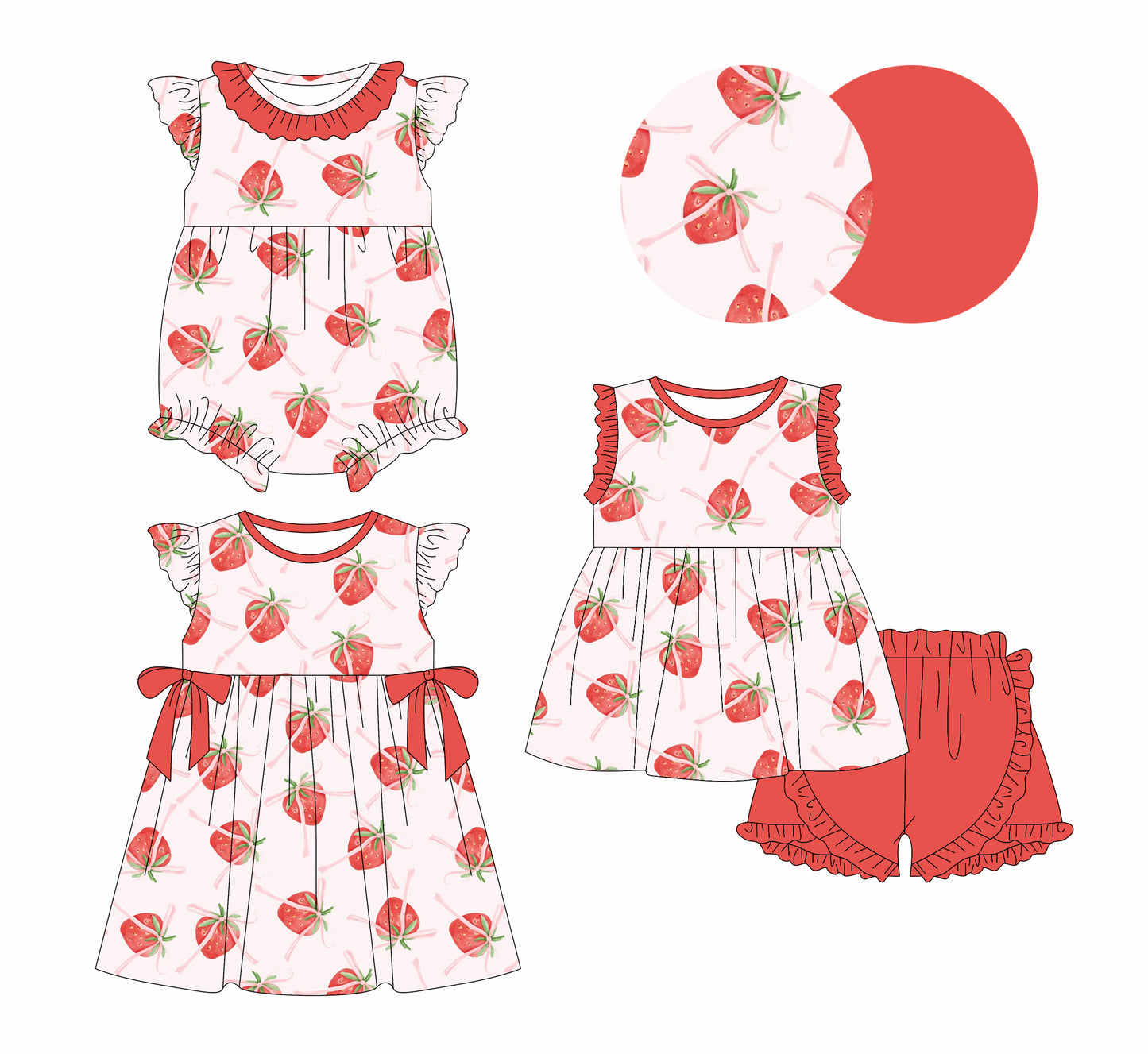 1.6 custom each style moq 5eta 4-6week Sibling Sister strawberry bow baby girl short sleeve shorts sets and dress and rompers match family design