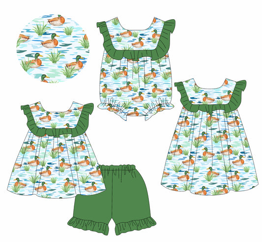 1.14 custom each style moq 5eta 4-6week Sibling Sisters duck baby girl short sleeve shorts sets and dress and rompers match family design