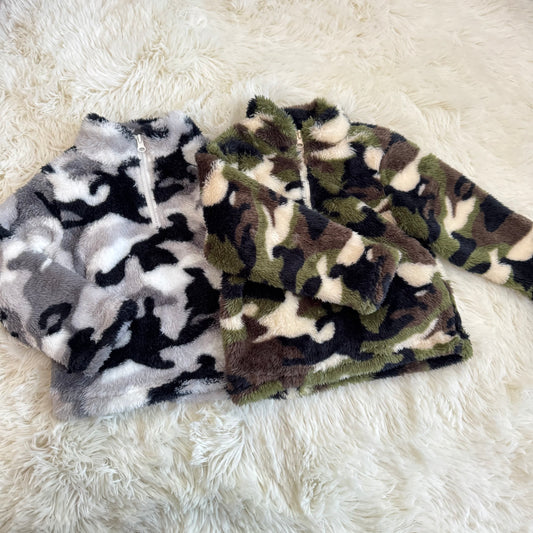 RTS NO MOQ Sibling Baby Boys Fall Plush Camouflage Zip-Up Pullover T-Shirt