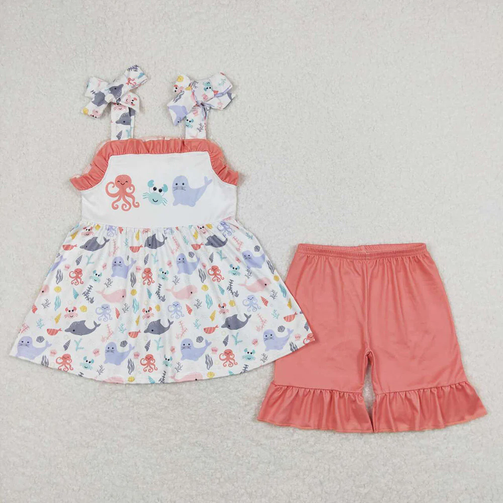 Baby Girls Octopus Crab Sea Lion Summer Sibling Designs Clothes Sets