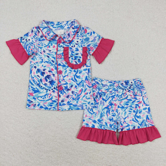 rts no moq GSSO1096 Turtle Deep Sea Pattern Rose Red Lace Short Sleeve Shorts Pajama Set