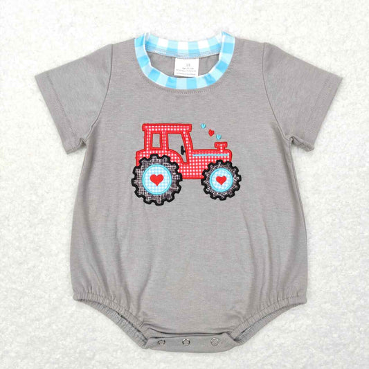 SR0488 Embroidered love tractor short-sleeved blue and white plaid short-sleeved jumpsuit