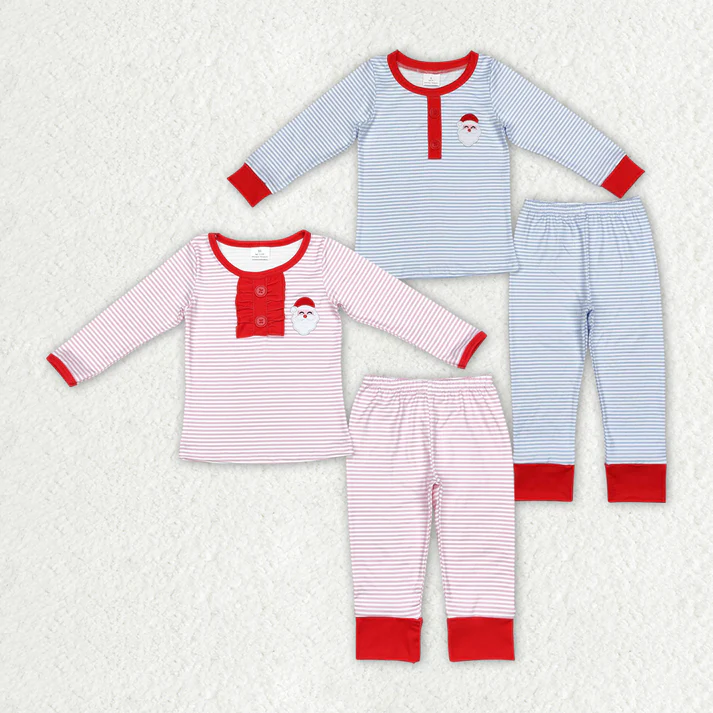 RTS NO MOQ Baby Girls Boys Sibling Christmas Stripes Santa Top Pants Pajamas Embroidered Santa Claus Pajamas