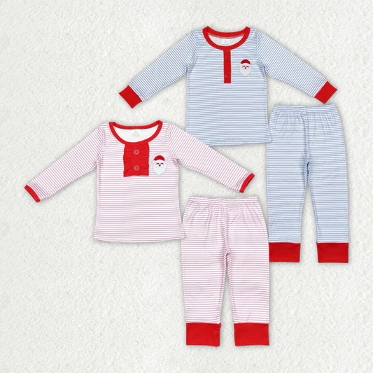 RTS NO MOQ Baby Girls Boys Sibling Christmas Stripes Santa Top Pants Pajamas Embroidered Santa Claus Pajamas