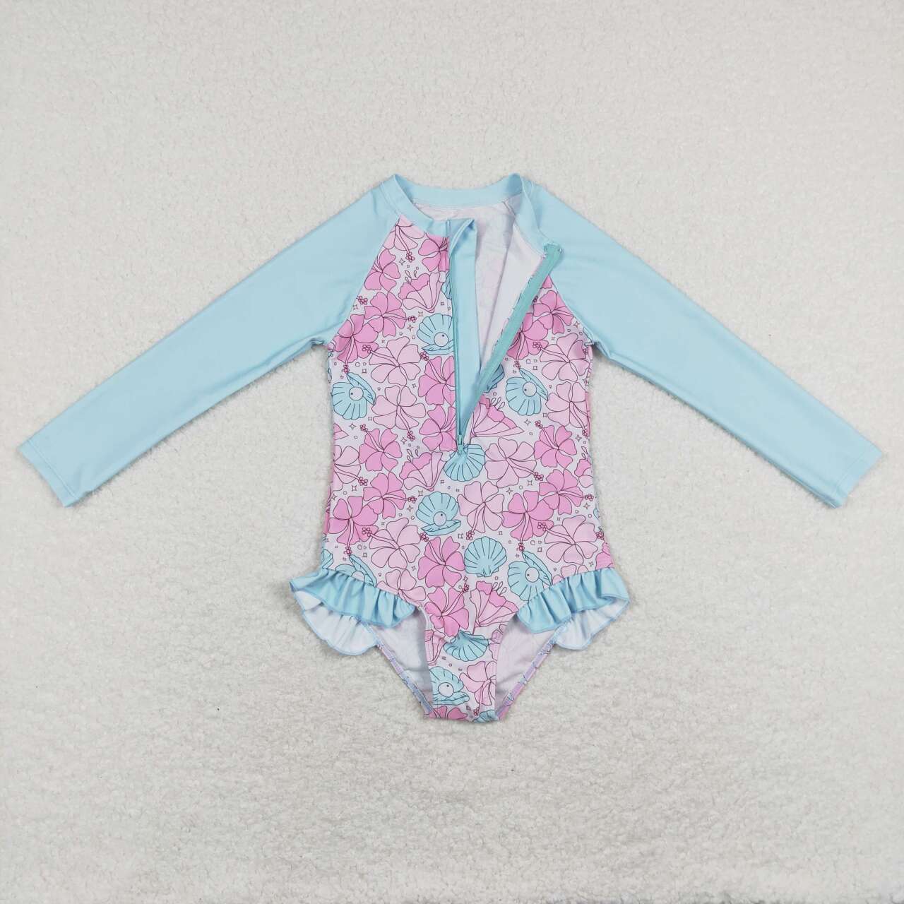 S0182 Shell Pearl Flower Zipper Blue One Piece Swimsuit