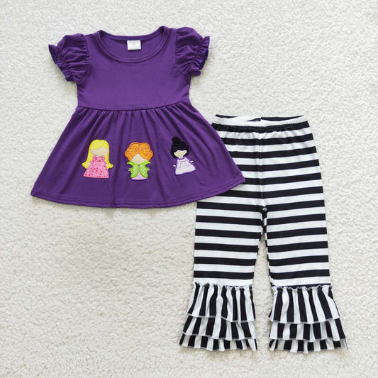 GSPO0834 hocus pocus embroidered witch purple short sleeve black and white striped trousers suit