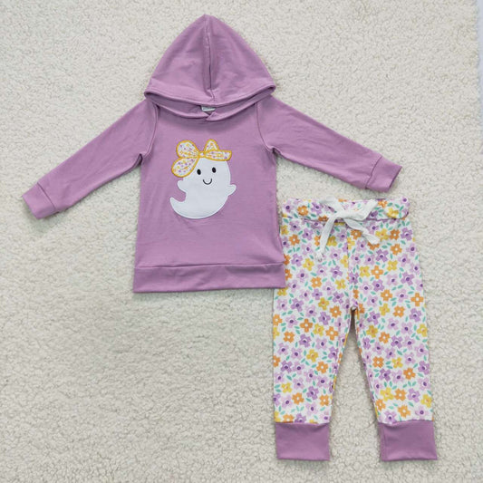 GLP0530 Embroidered Bow Specter Purple Hooded Long Sleeve Floral Pant Set