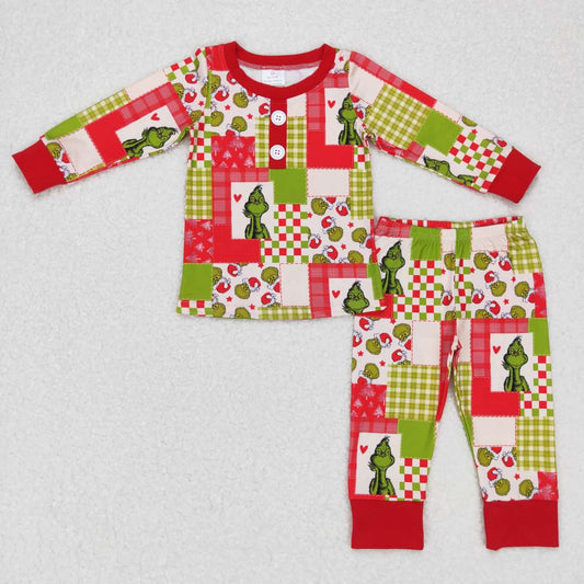 BLP0373 Cartoon grinch red and green plaid beige long-sleeved trousers suit