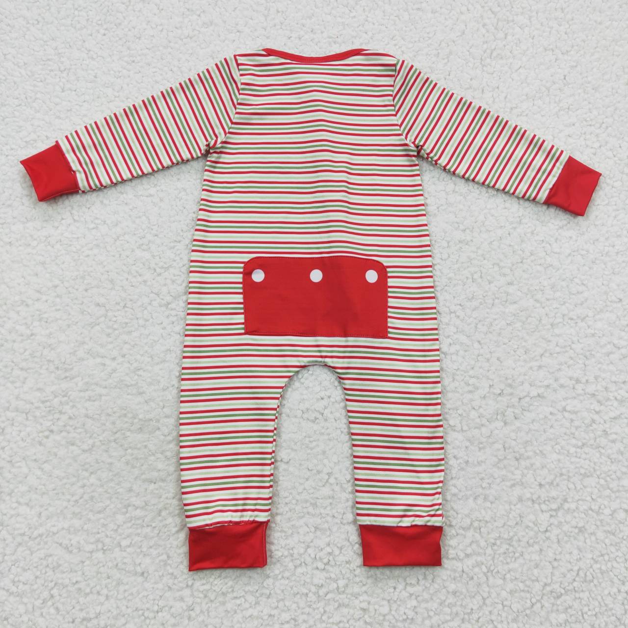 LR0442 Embroidered Santa Red and Green Stripe Zip Long Sleeve Bodysuit