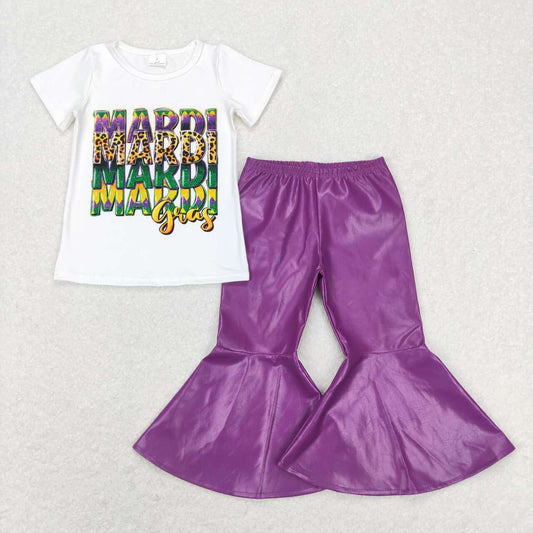 GT0442 mardi gras letter white short sleeve top +P0419 Purple flared leather pants