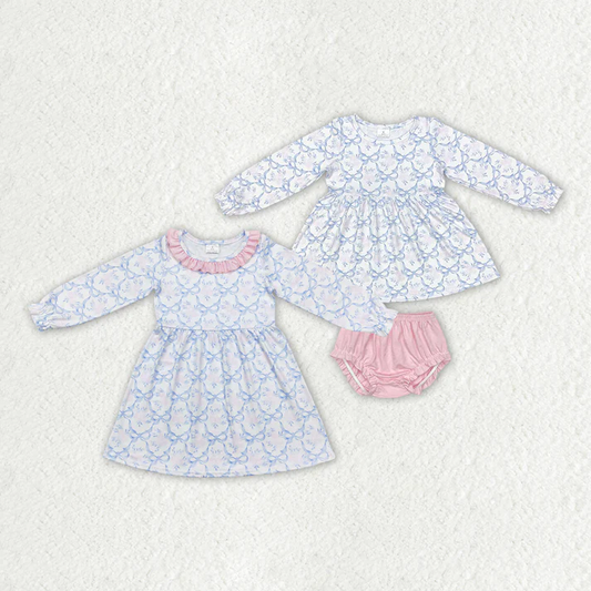 RTS NO MOQ Eta 5/7days Girls Blue Bows Flowers Bummie Clothes Dresses Flowers