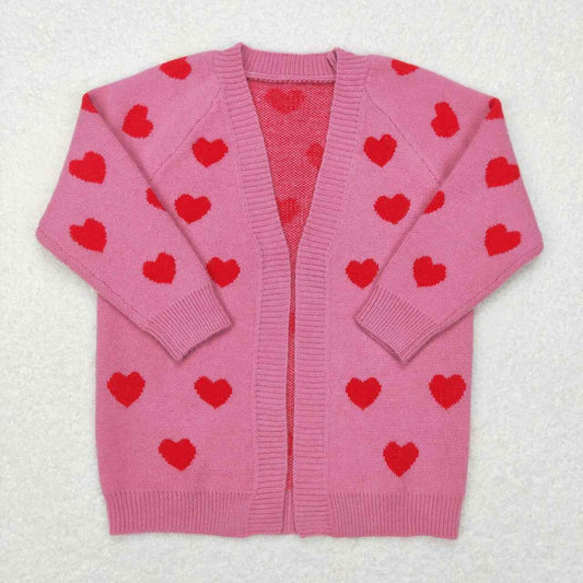 GT0372 Red Heart Rose Pink Pocket Long Sleeve Sweater Cardigan