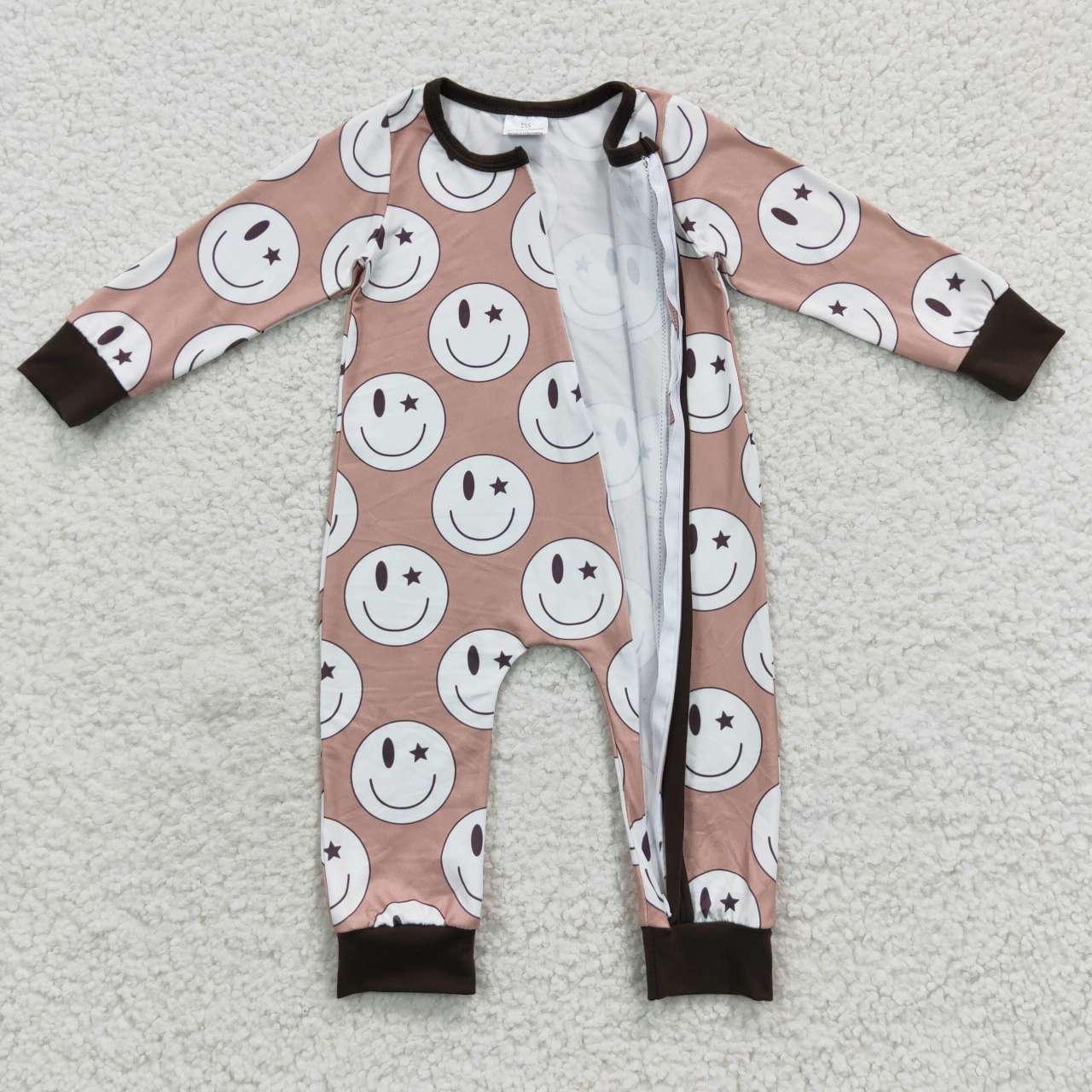 LR0332 Smiley Brown Zip Long Sleeve Bodysuit