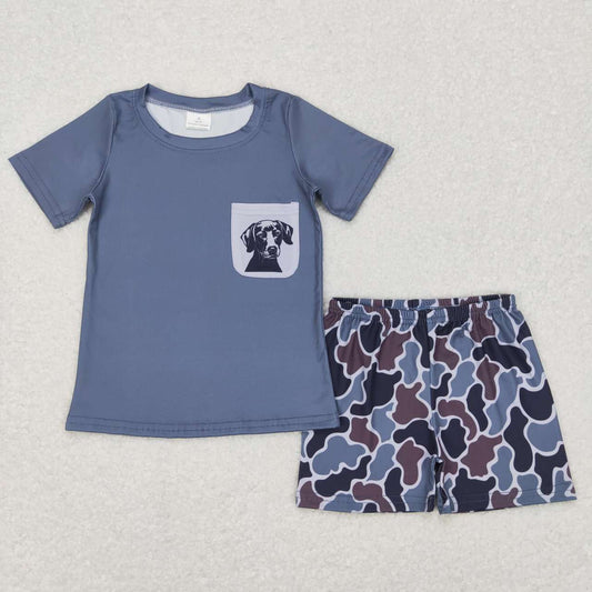BSSO0304 Puppy Camo Pocket Gray Blue Short Sleeve Shorts Set