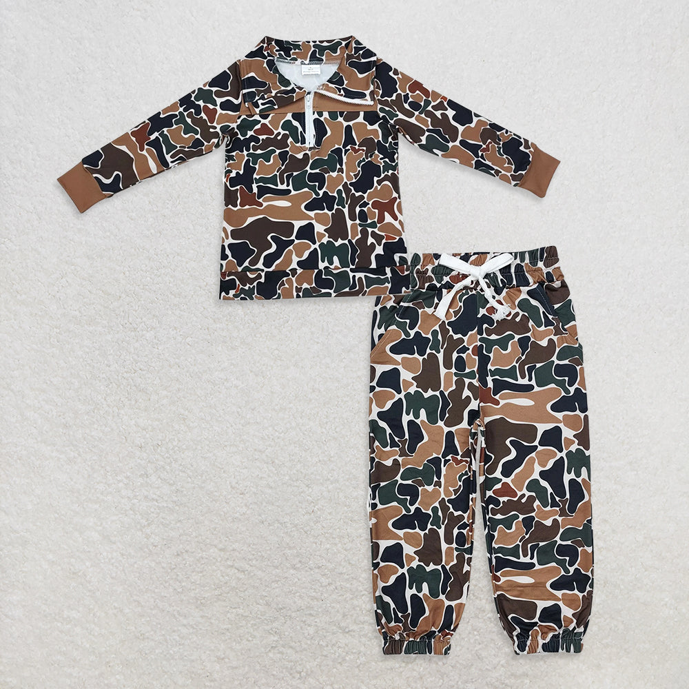 RTS NO MOQ BT0810 + P0650 Baby Boys Fall Camo Brown Long Sleeve Zip Pullovers Tops Bottoms Jogger Pants