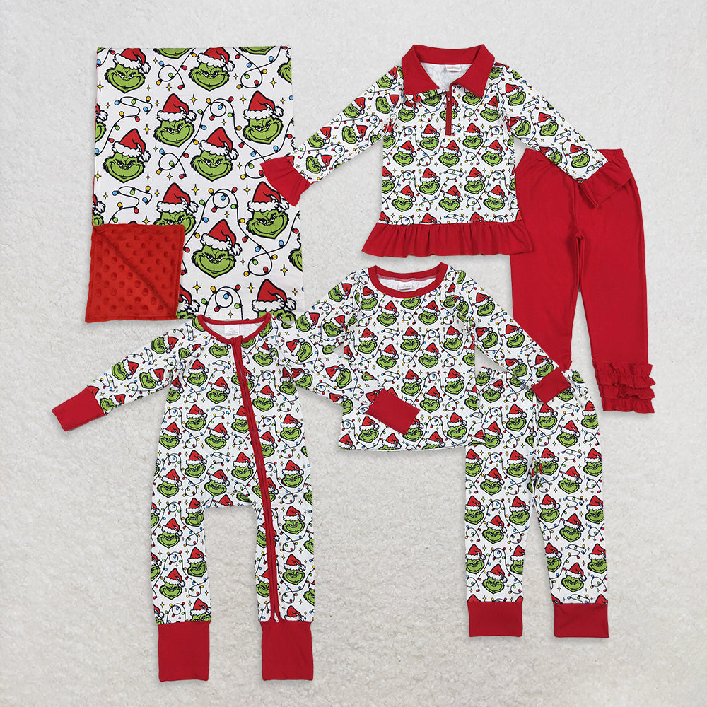 12/18m -7/8t RTS Sibling baby boy clothes Christmas cartoon long Sleeve pants sets and rompers and blanket