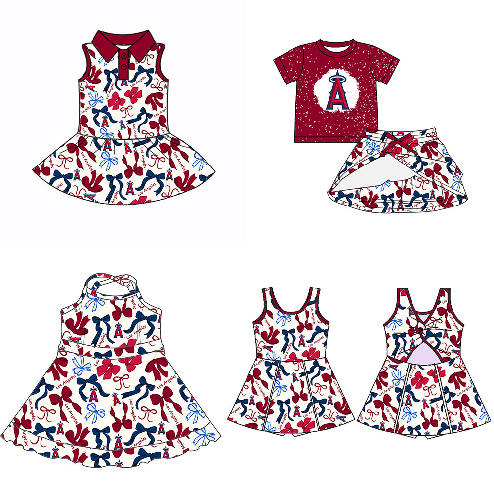 Custom moq 5 mix sizes summer teams baby girls clothes team brick red short sleeve skirts shorts sets dress 1 and dress 2 and dress 3 and dress 4-25.5.17