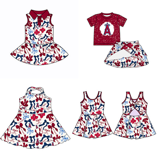 Custom moq 5 mix sizes summer teams baby girls clothes team brick red short sleeve skirts shorts sets dress 1 and dress 2 and dress 3 and dress 4-25.5.17