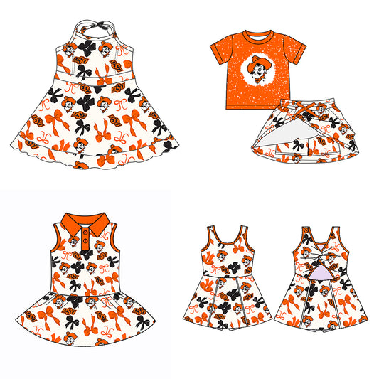 Custom moq 5 mix sizes summer teams baby girls clothes team orange short sleeve skirts shorts sets dress 1 and dress 2 and dress 3 and dress 4-25.5.23