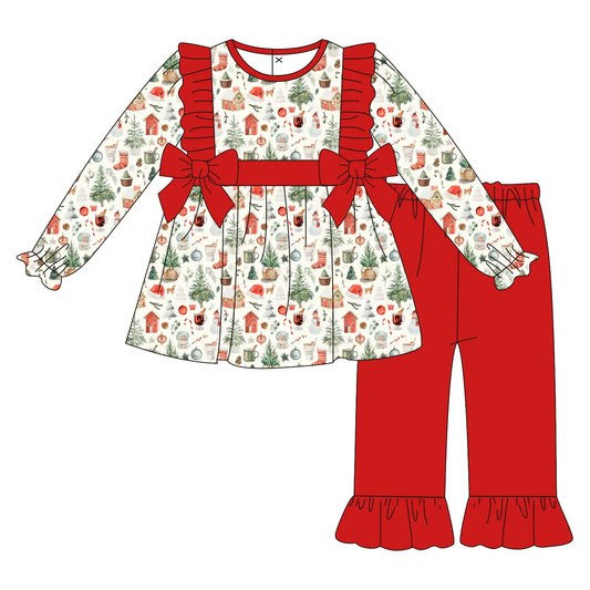 Custom moq 3 eta 7/8week moq 5 eta /4/5week Tree and house pattern red bow long sleeve suit