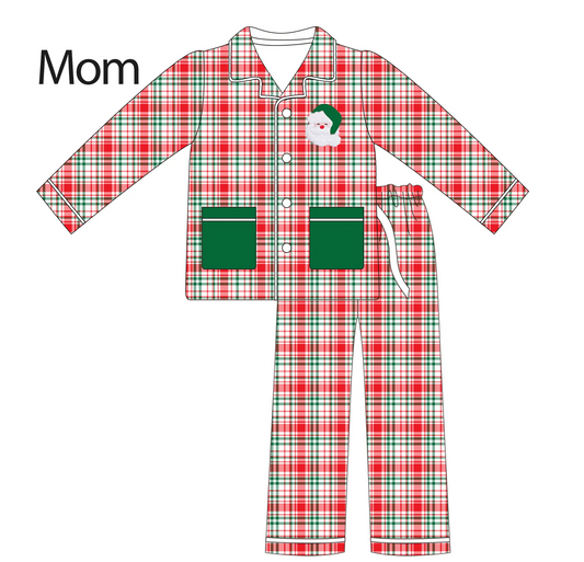 Custom moq 3 eta 7/8week moq 5 eta /4/5week Adult Embroidered Santa Claus Red and Green Irregular Plaid Button Long Sleeve Pajama Set