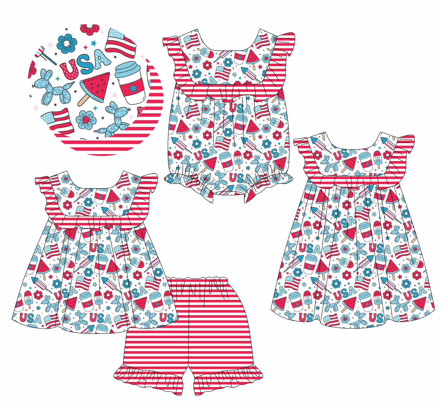 1.13 custom each style moq 5eta 4-6week Sibling Sisters USA baby girl short sleeve shorts sets and dress and rompers match family design