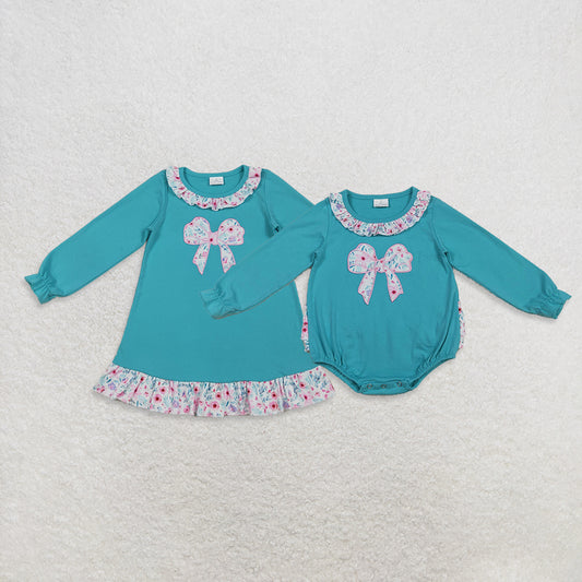 RTS NO MOQ Sibling Baby girls clothes Embroidery bow long-sleeved rompers and dress