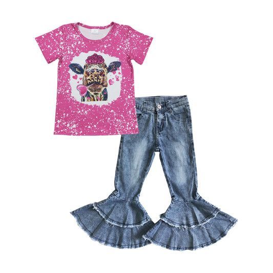 GT0111 Girls love cow flower rose red short-sleeved top+C5-15 Light bleached double denim flared pants