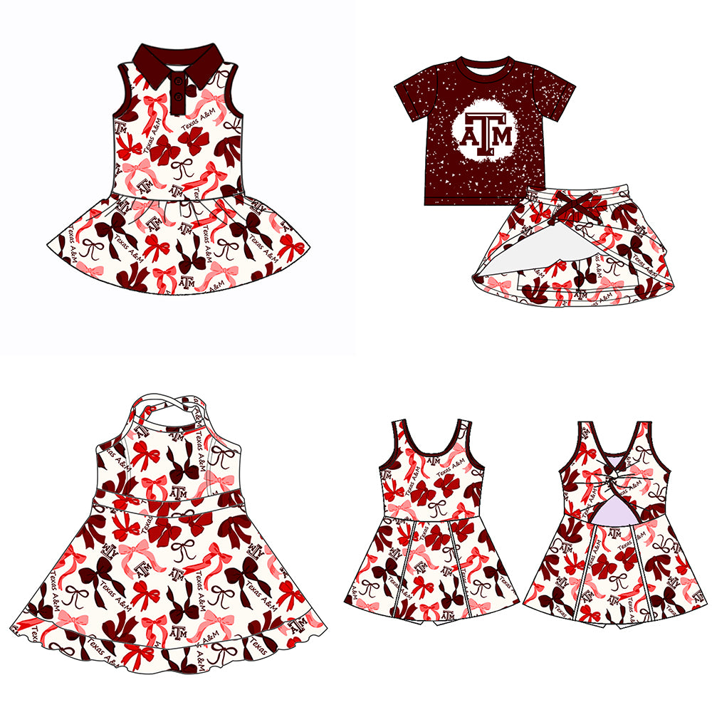 Custom moq 5 mix sizes summer teams baby girls clothes team brick red short sleeve skirts shorts sets dress 1 and dress 2 and dress 3 and dress 4-25.5.15