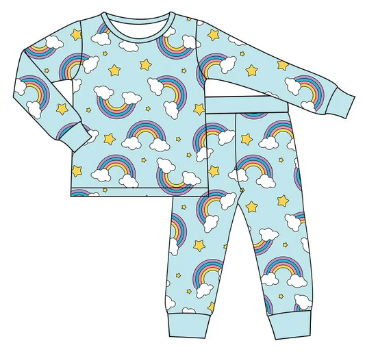 Custom moq 3 eta 7/8week moq 5 eta /4/5week Light blue rainbow-white clouds-stars long sleeve suit