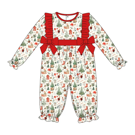 Custom moq 3 eta 7/8week moq 5 eta /4/5week Tree and house pattern red bow long sleeve romper