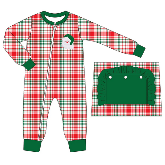 Custom moq 3 eta 7/8week moq 5 eta /4/5week Embroidered Santa Claus green pleated butt pad red and green irregular plaid long zipper romper