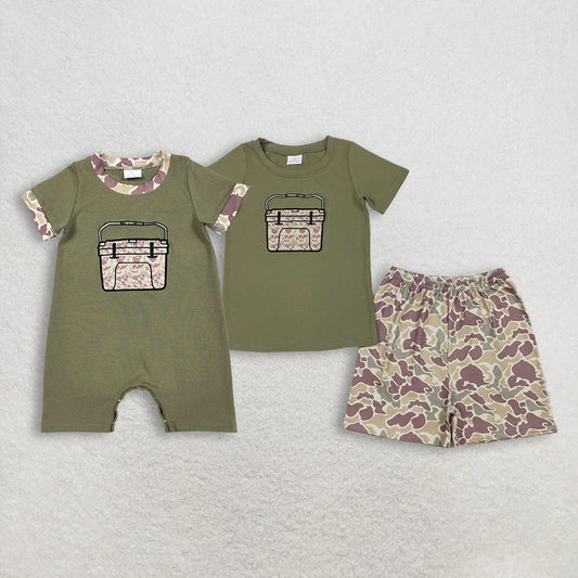 RTS NO MOQ sibling baby boy clothes embroidery camouflage short sleeve Clothes Sets and rompers