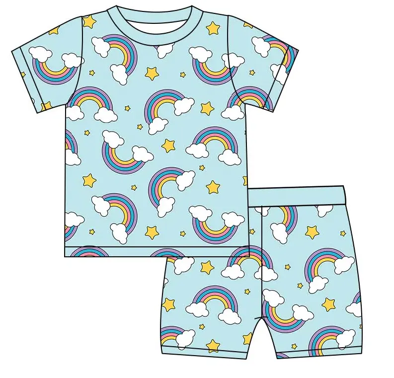 Custom moq 3 eta 7/8week moq 5 eta /4/5week Light blue rainbow-white cloud-star short-sleeve shorts suit