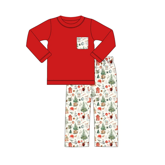 Custom moq 3 eta 7/8week moq 5 eta /4/5week Red long-sleeved suit with tree and house pattern