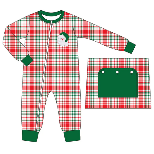 Custom moq 3 eta 7/8week moq 5 eta /4/5week Embroidered Santa Claus Red and Green Irregular Plaid Long Zipper Romper