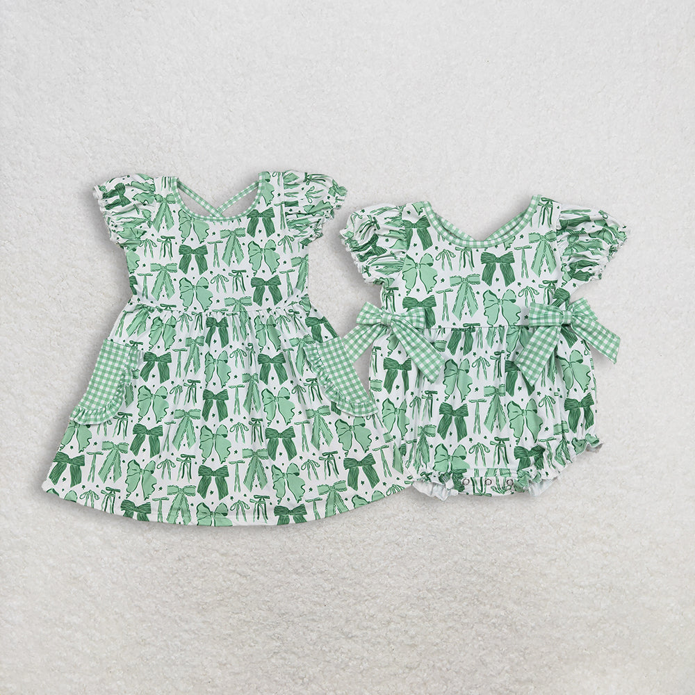 RTS NO MOQ Sibling Baby girl clothes St bow green short-sleeved dress & rompers