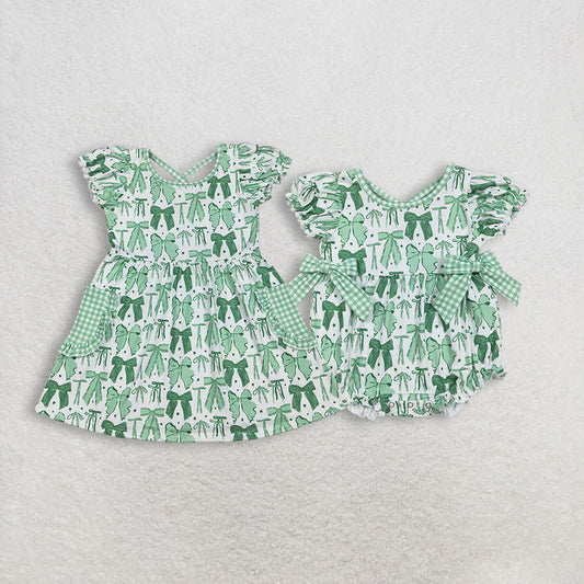 RTS NO MOQ Sibling Baby girl clothes St bow green short-sleeved dress & rompers