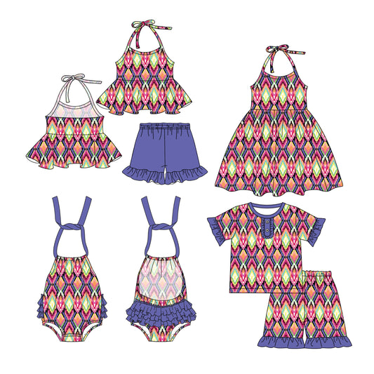 26.1.2 custom each style moq 5 eta 6-8week Sibling Sister geometric baby short sleeve shorts sets 2 and romper and dress match design