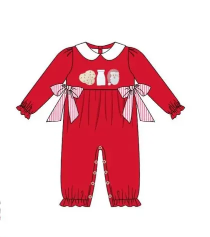 Custom moq 3 eta 7/8week moq 5 eta /4/5week Cookies-Milk-Santa Claus pink striped bow red doll collar long-sleeved romper