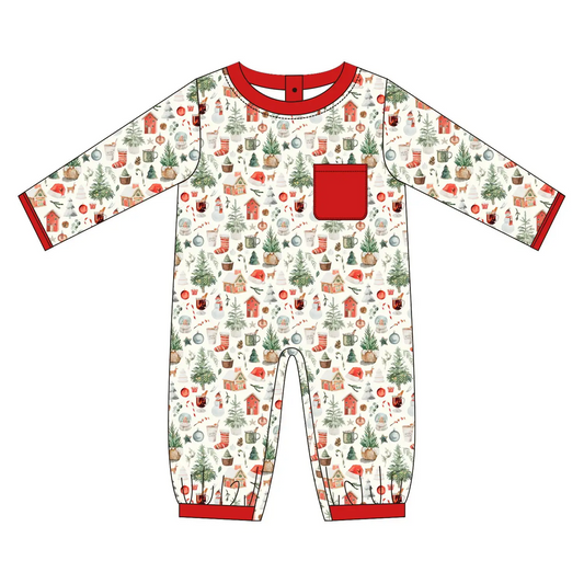 Custom moq 3 eta 7/8week moq 5 eta /4/5week Red long-sleeved romper with tree and house pattern