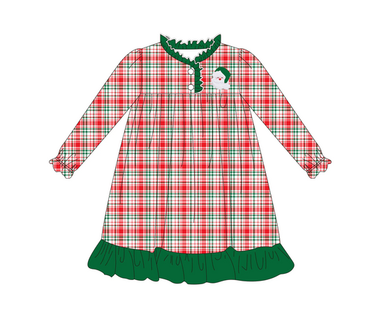 Custom moq 3 eta 7/8week moq 5 eta /4/5week Embroidered Santa Claus red and green irregular plaid long-sleeved dress