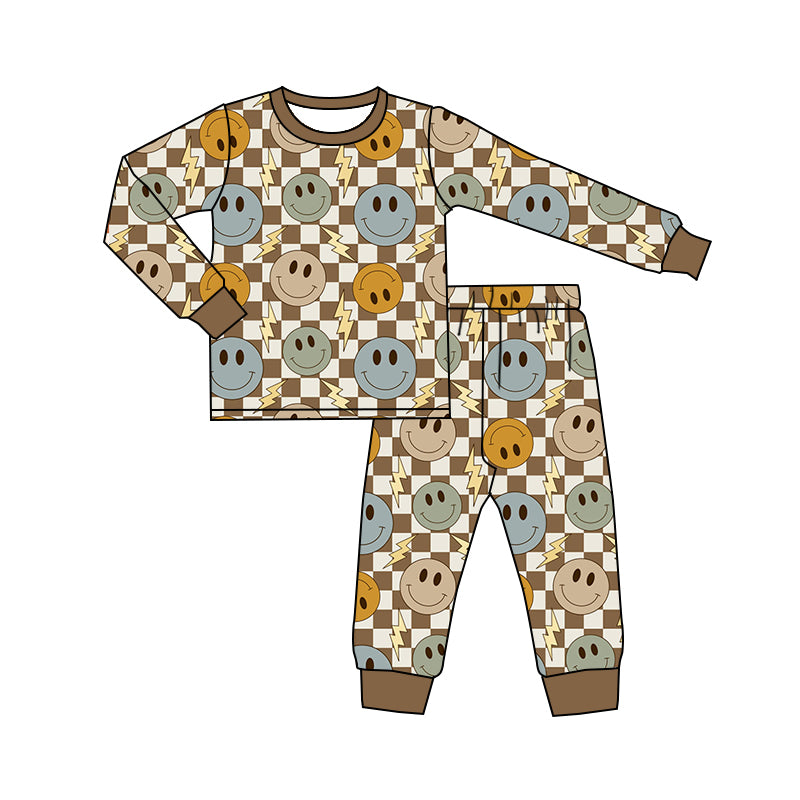 4.27custom moq 5 eta 4-5weeks SMILEY FACE PRINTS BROWN-BEIGE PLAID LONG SLEEVES WITH LONG PANTS SET