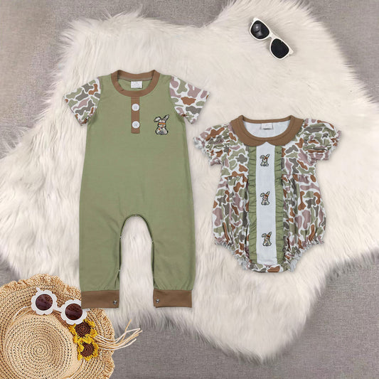 RTS NO MOQ Sibling baby girl boy clothes embroidery easter short-Sleeve rompers